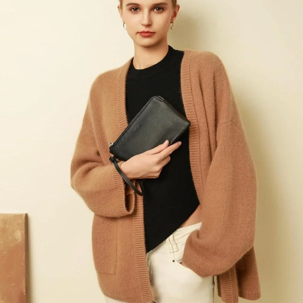 Genuine Leather Wristlet Clutch for Women with Card Slots and Smartphone Pocket